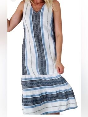 J.Jill Cotton Midi Dress, Off White ,Blue Embroidery.Double Ruffle Bottom Size L
